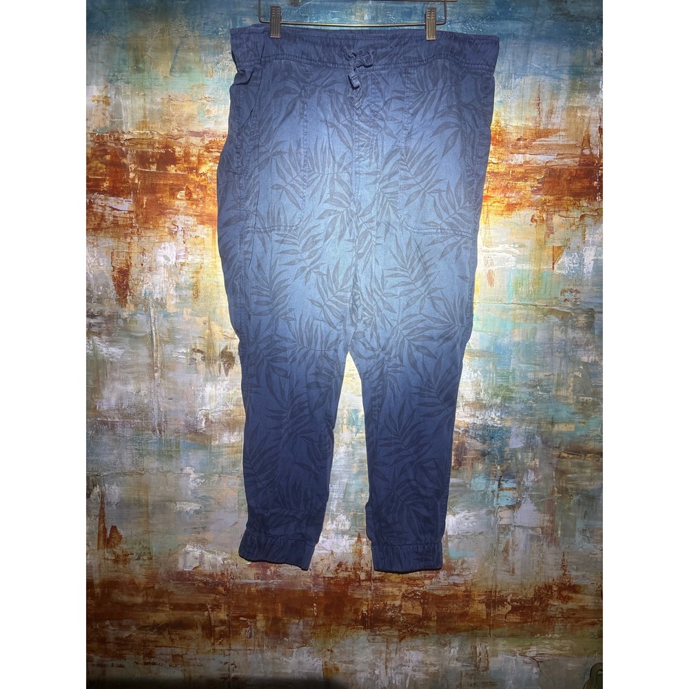 Orvis Navy Blue Palm Leaf Print Lyocell Jogger Pants XL Tropical Travel Casual